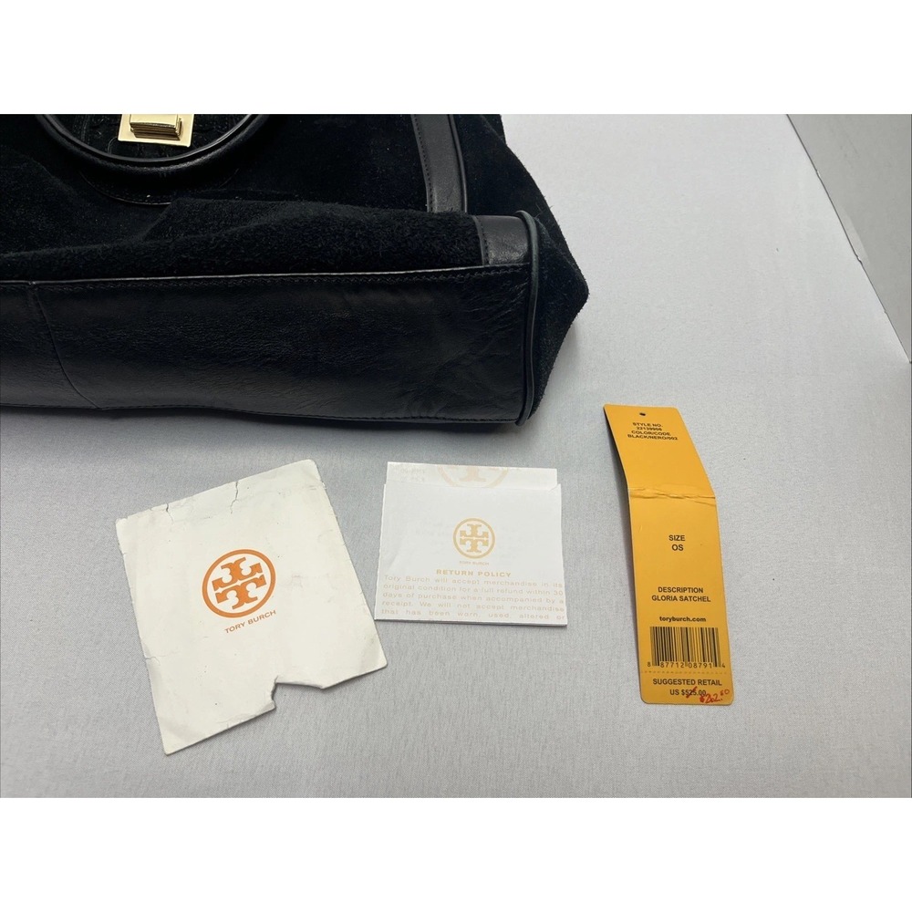 Tory Burch Gloria Satchel Black Bag Suede Leather Purse 2-Way w Detach Strap - Picture 5 of 7
